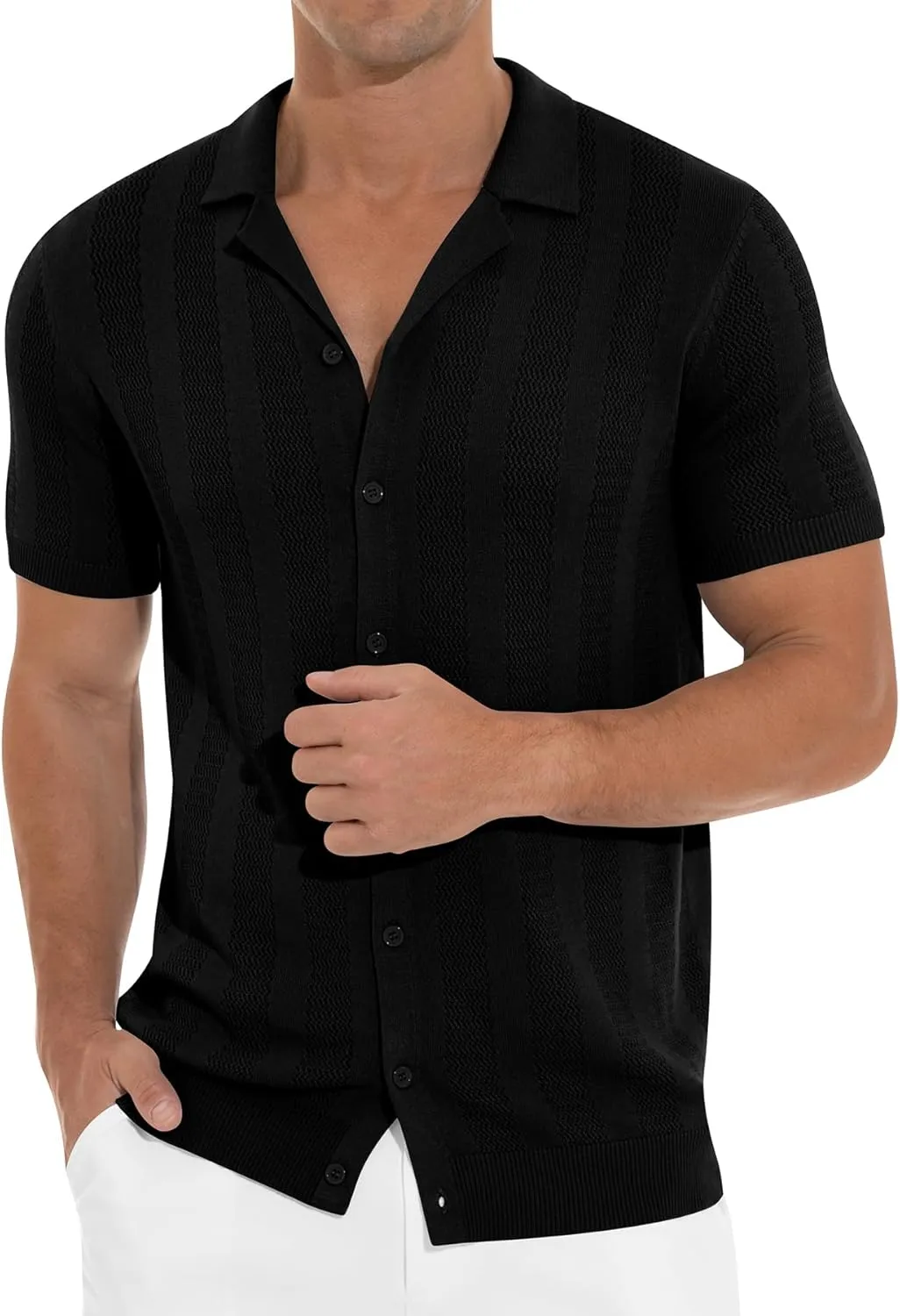 NITAGUT Men's Vacation Beach Shirts Knit Cuban Collar Mesh Button Down Short Sleeve Shirt