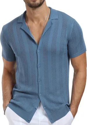 NITAGUT Men's Vacation Beach Shirts Knit Cuban Collar Mesh Button Down Short Sleeve Shirt