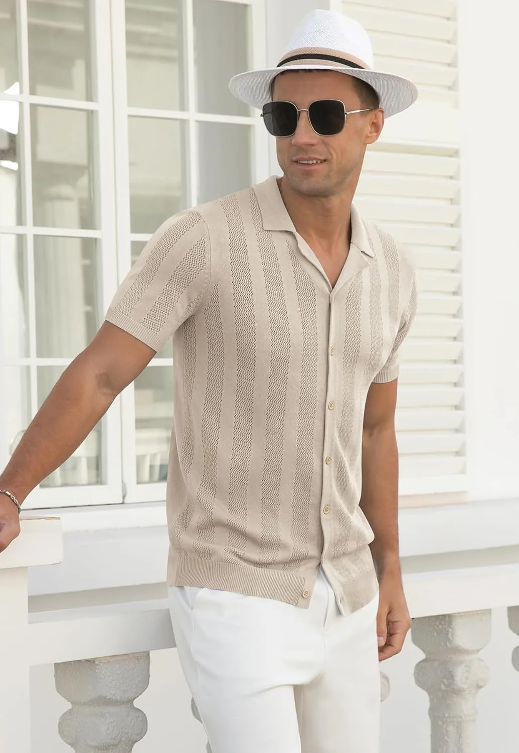 NITAGUT Men's Vacation Beach Shirts Knit Cuban Collar Mesh Button Down Short Sleeve Shirt