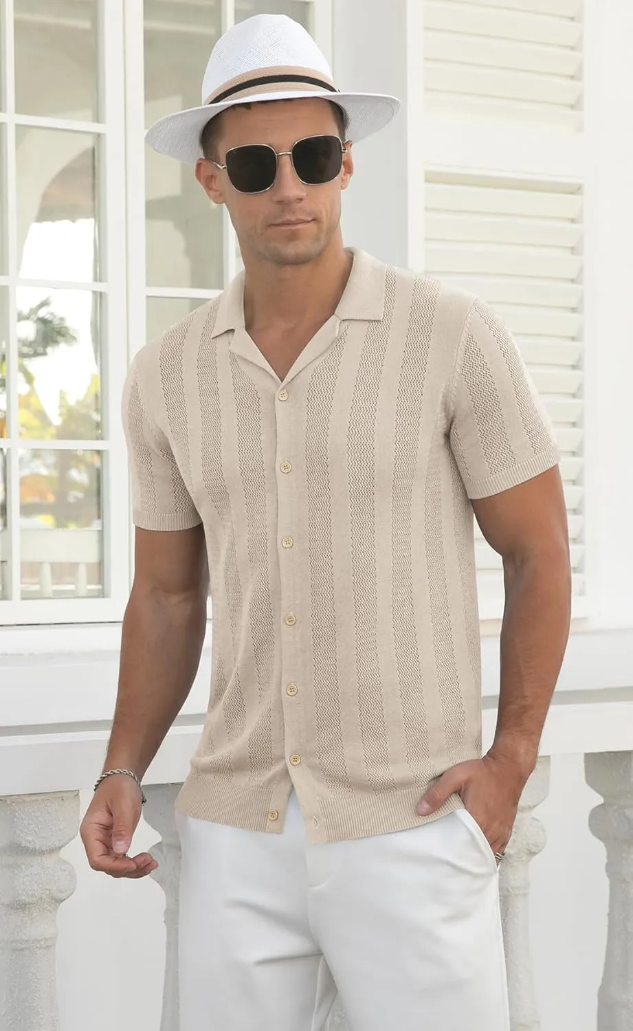 NITAGUT Men's Vacation Beach Shirts Knit Cuban Collar Mesh Button Down Short Sleeve Shirt
