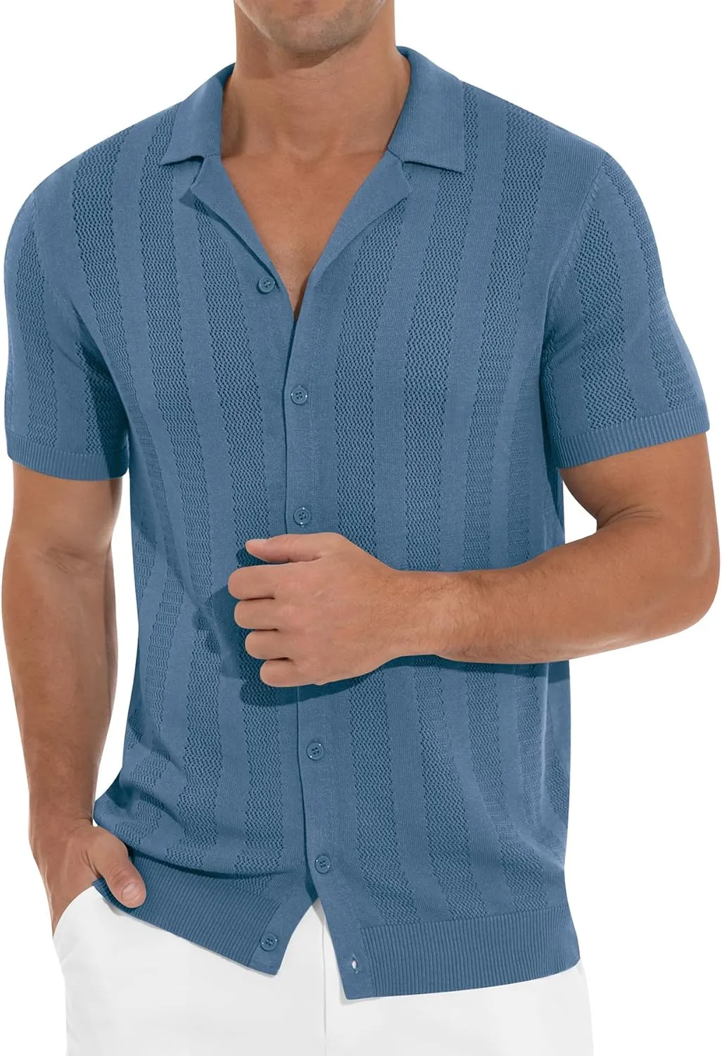 NITAGUT Men's Vacation Beach Shirts Knit Cuban Collar Mesh Button Down Short Sleeve Shirt