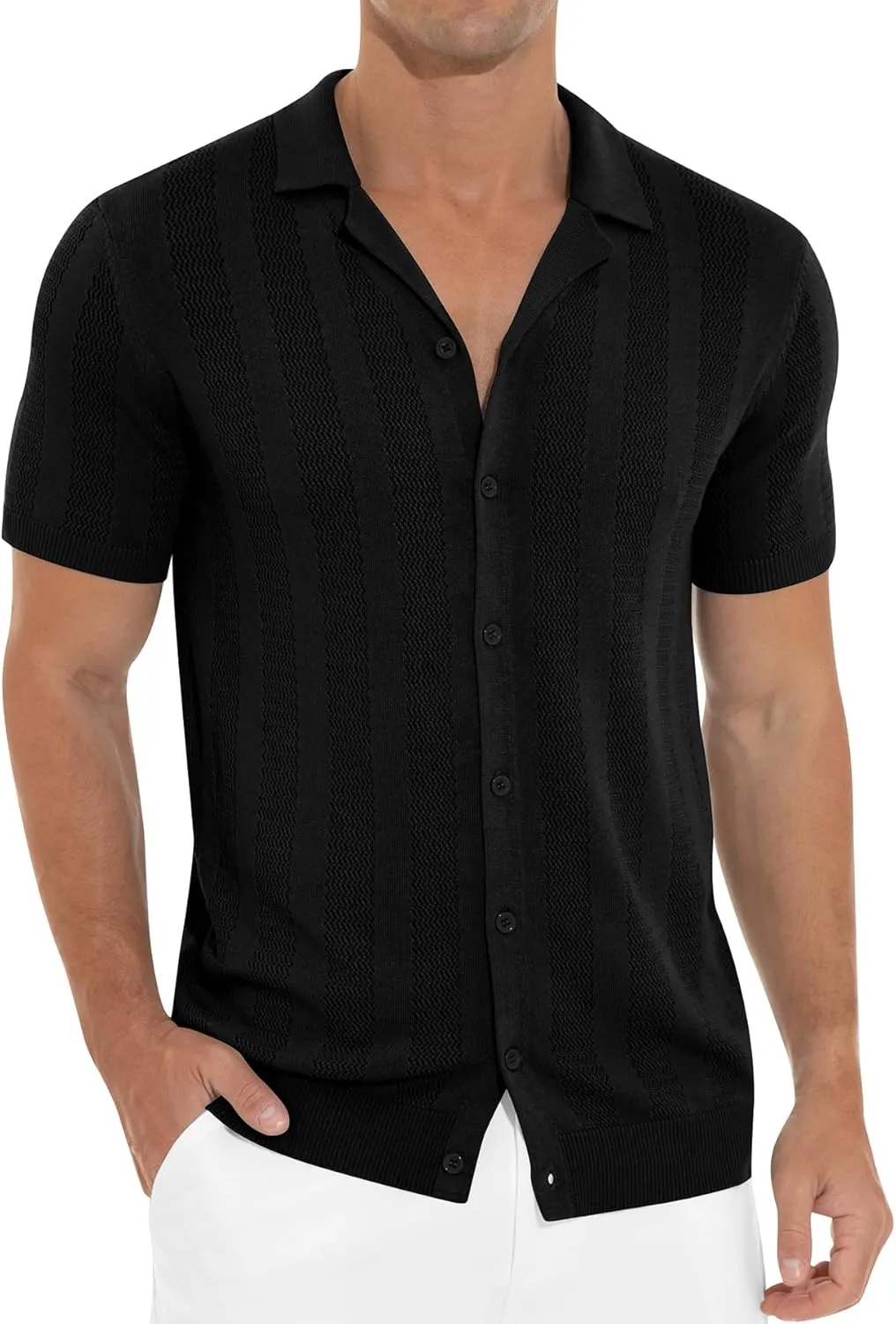NITAGUT Men's Vacation Beach Shirts Knit Cuban Collar Mesh Button Down Short Sleeve Shirt