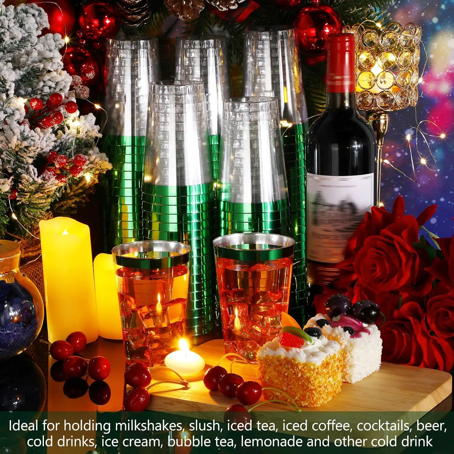 Norme 50 Pcs 12 oz Plastic Cups Disposable Cups 12 oz Plastic Glasses Clear Tumblers with Rim for Birthday Wedding Party Elegant Wine Coffee Cocktail(Green)