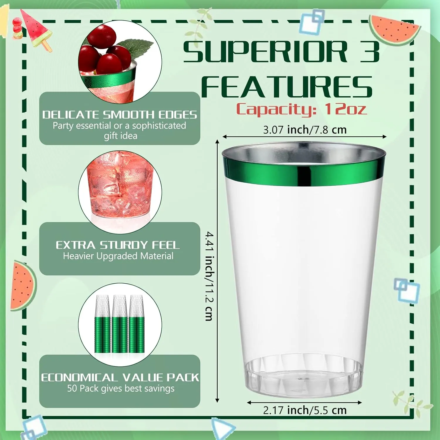Norme 50 Pcs 12 oz Plastic Cups Disposable Cups 12 oz Plastic Glasses Clear Tumblers with Rim for Birthday Wedding Party Elegant Wine Coffee Cocktail(Green)