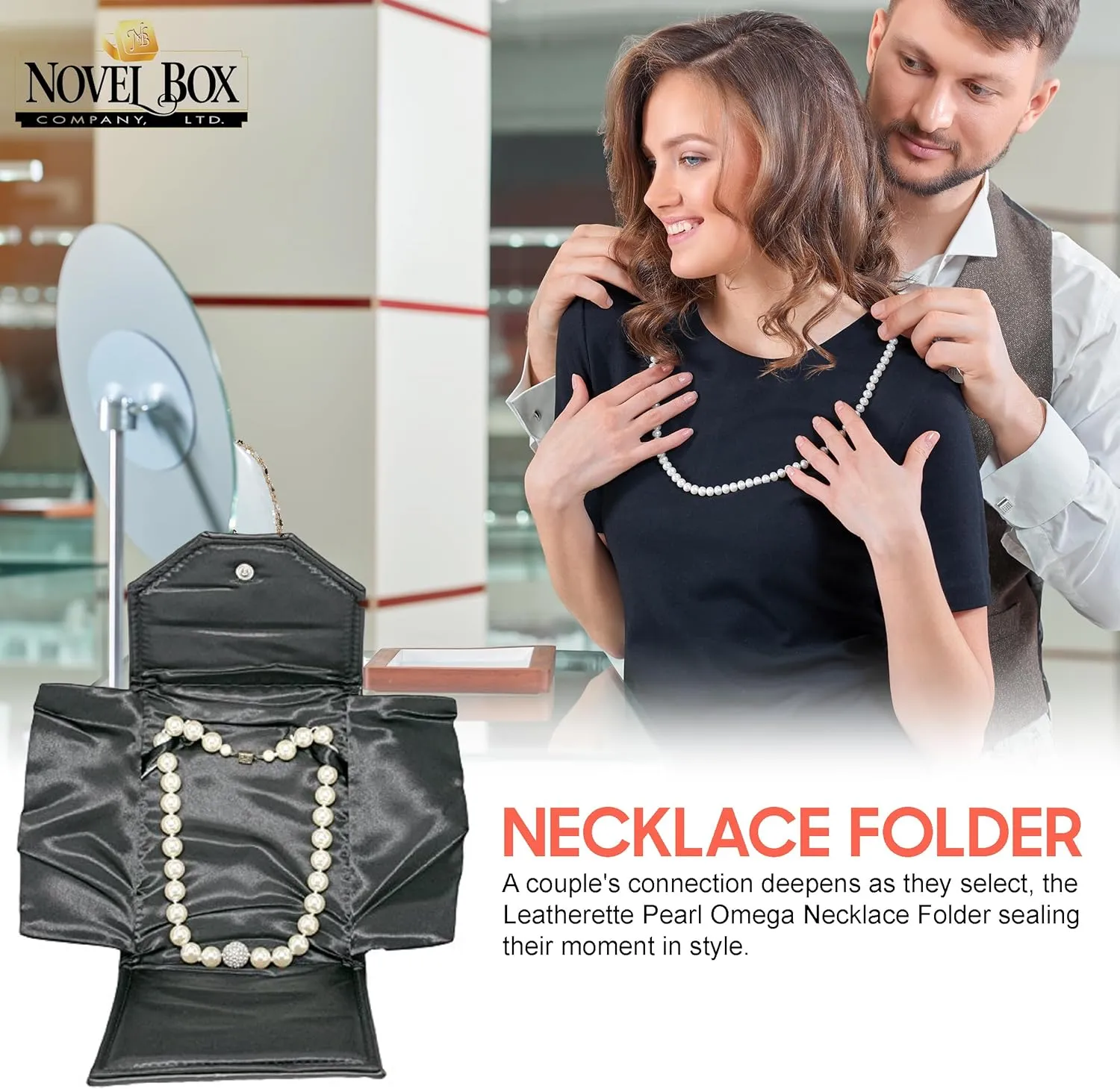 Novel Box Necklace Display Pearl Folder 7x5 inch Small Travel Jewelry Case - Wedding Jewelry Storage Holder with Smooth Finish - Jewelry Organizer Necklace Box - Black/Black Stitched