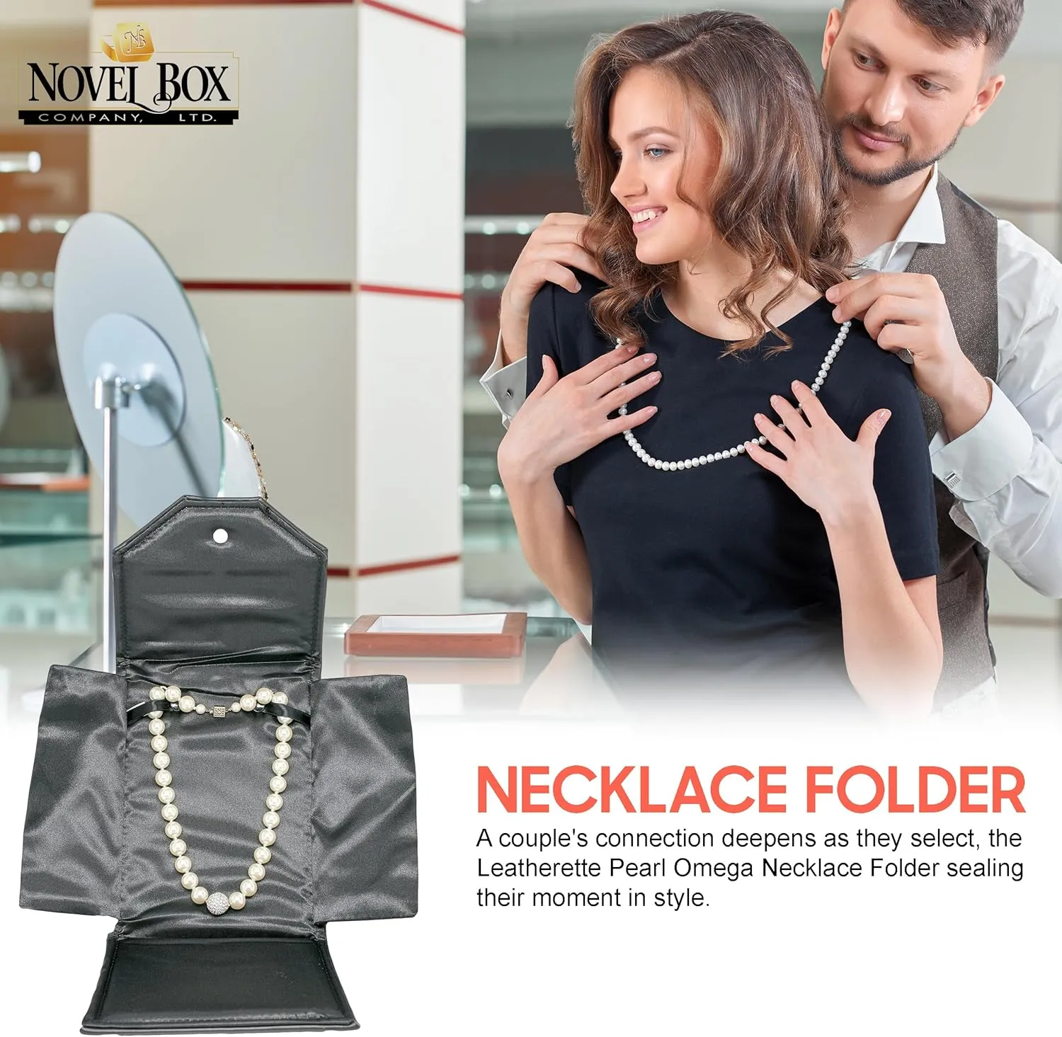 Novel Box Necklace Display Pearl Folder 8x6 inch Large Travel Jewelry Case - Wedding Jewelry Storage Holder with Smooth Finish - Jewelry Organizer Necklace Box - Black/Black Stitched