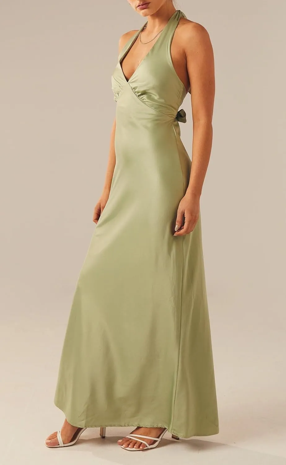 NUFIWI Women Satin Halter Neck Maxi Dress Sleeveless V Neck Backless Bodycon Dresses Self Tie Party Wedding Long Dress