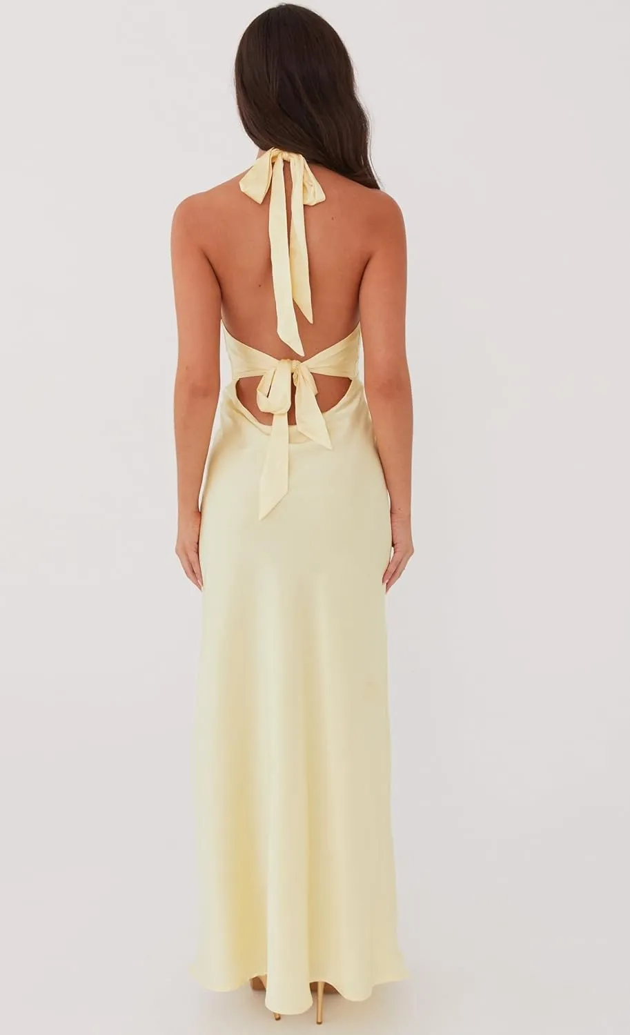 NUFIWI Women Satin Halter Neck Maxi Dress Sleeveless V Neck Backless Bodycon Dresses Self Tie Party Wedding Long Dress