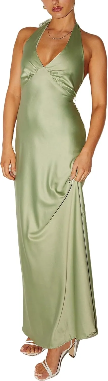 NUFIWI Women Satin Halter Neck Maxi Dress Sleeveless V Neck Backless Bodycon Dresses Self Tie Party Wedding Long Dress