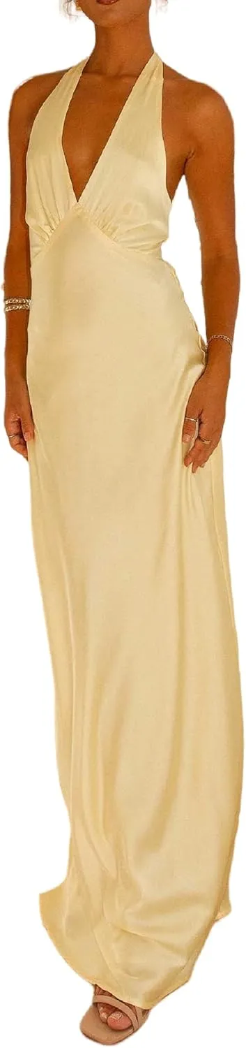 NUFIWI Women Satin Halter Neck Maxi Dress Sleeveless V Neck Backless Bodycon Dresses Self Tie Party Wedding Long Dress