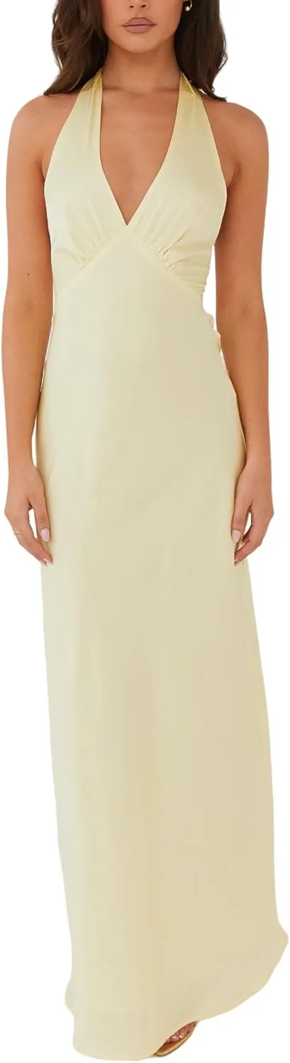 NUFIWI Women Satin Halter Neck Maxi Dress Sleeveless V Neck Backless Bodycon Dresses Self Tie Party Wedding Long Dress
