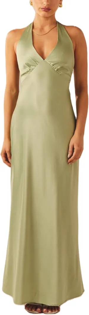NUFIWI Women Satin Halter Neck Maxi Dress Sleeveless V Neck Backless Bodycon Dresses Self Tie Party Wedding Long Dress
