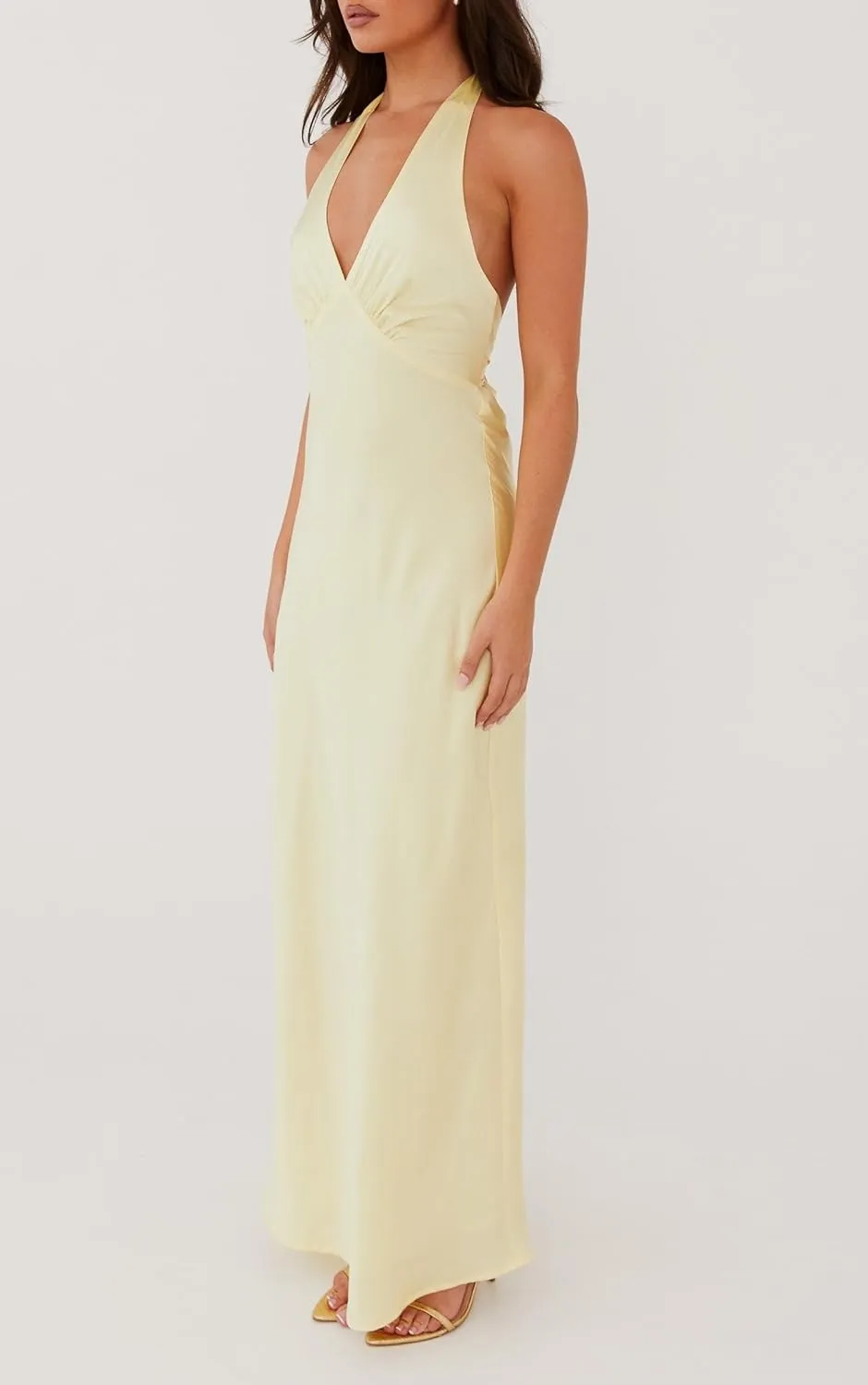 NUFIWI Women Satin Halter Neck Maxi Dress Sleeveless V Neck Backless Bodycon Dresses Self Tie Party Wedding Long Dress