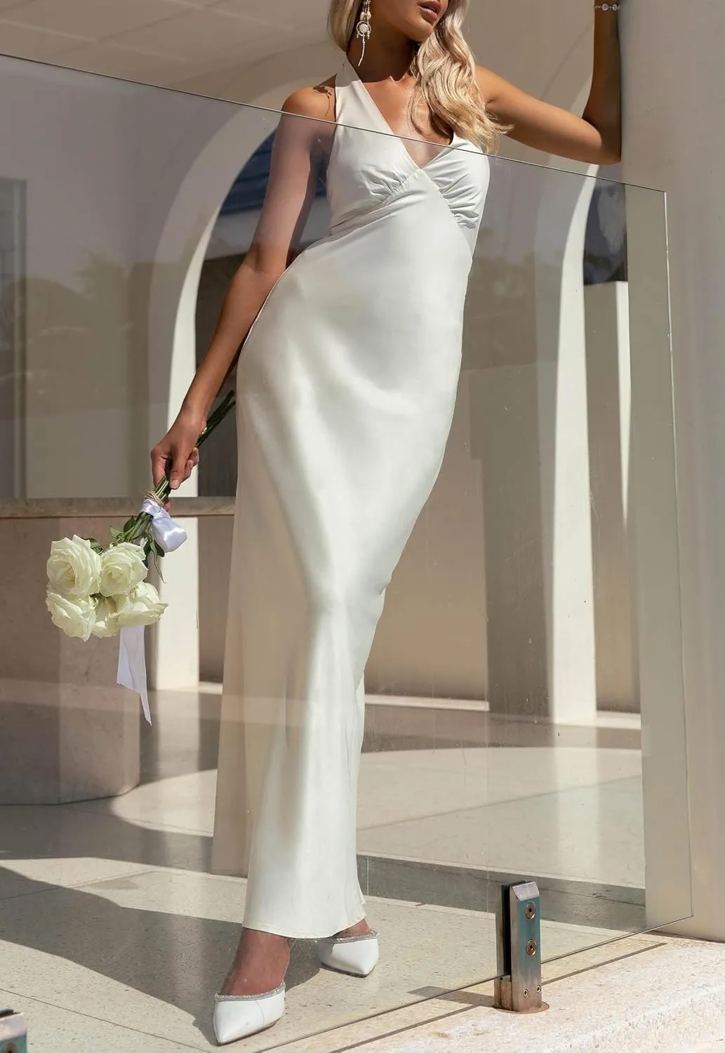 NUFIWI Women Satin Halter Neck Maxi Dress Sleeveless V Neck Backless Bodycon Dresses Self Tie Party Wedding Long Dress