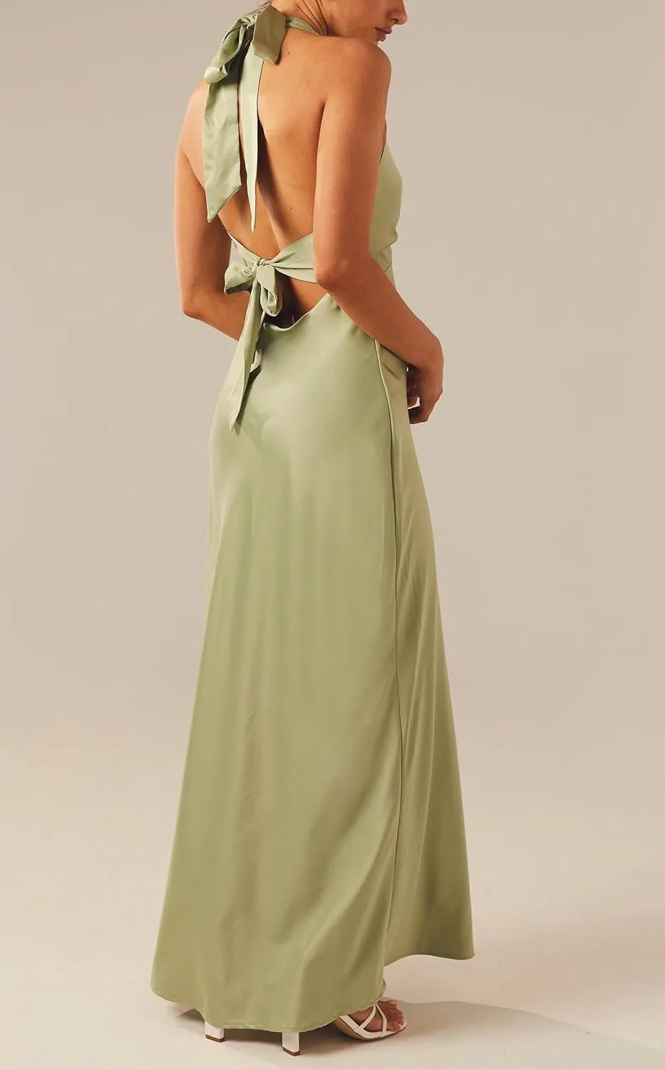 NUFIWI Women Satin Halter Neck Maxi Dress Sleeveless V Neck Backless Bodycon Dresses Self Tie Party Wedding Long Dress