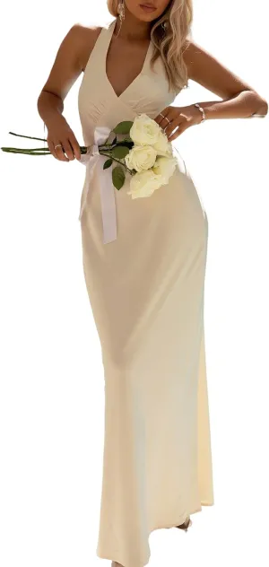 NUFIWI Women Satin Halter Neck Maxi Dress Sleeveless V Neck Backless Bodycon Dresses Self Tie Party Wedding Long Dress
