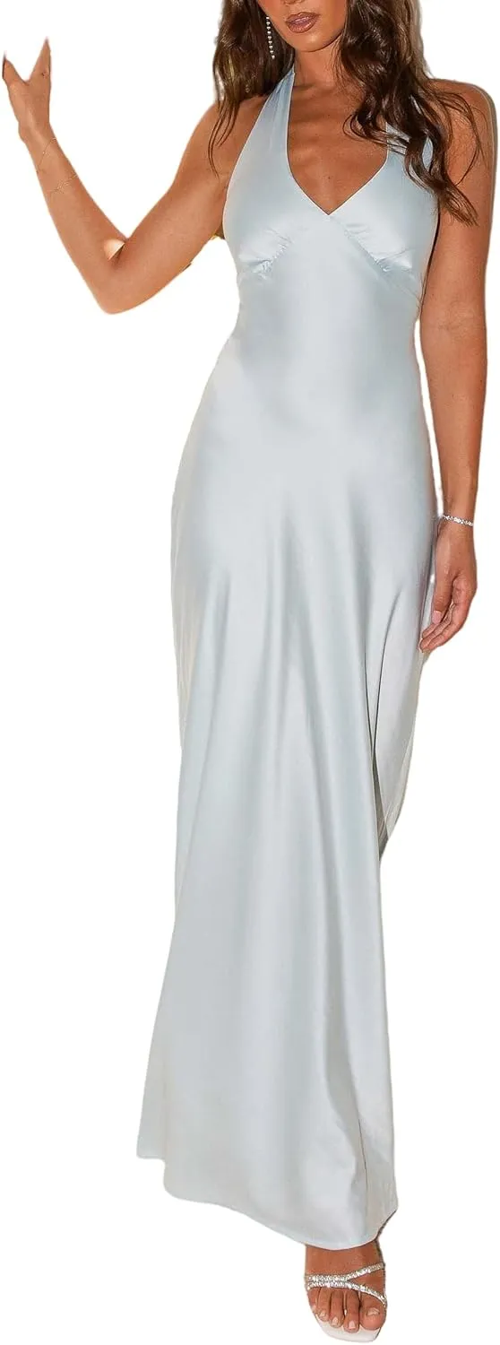 NUFIWI Women Satin Halter Neck Maxi Dress Sleeveless V Neck Backless Bodycon Dresses Self Tie Party Wedding Long Dress