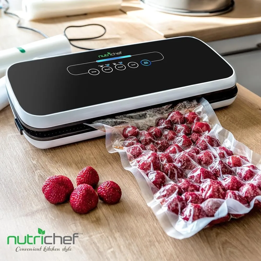 NutriChef Food Vacuum Sealer Machine - Automatic Air Sealing System for Dry & Moist Foods, LED Touch Controls, Includes Vacuum Bags, Hose & Wine Stopper, High Suction Power, 14"x6"x3", Black