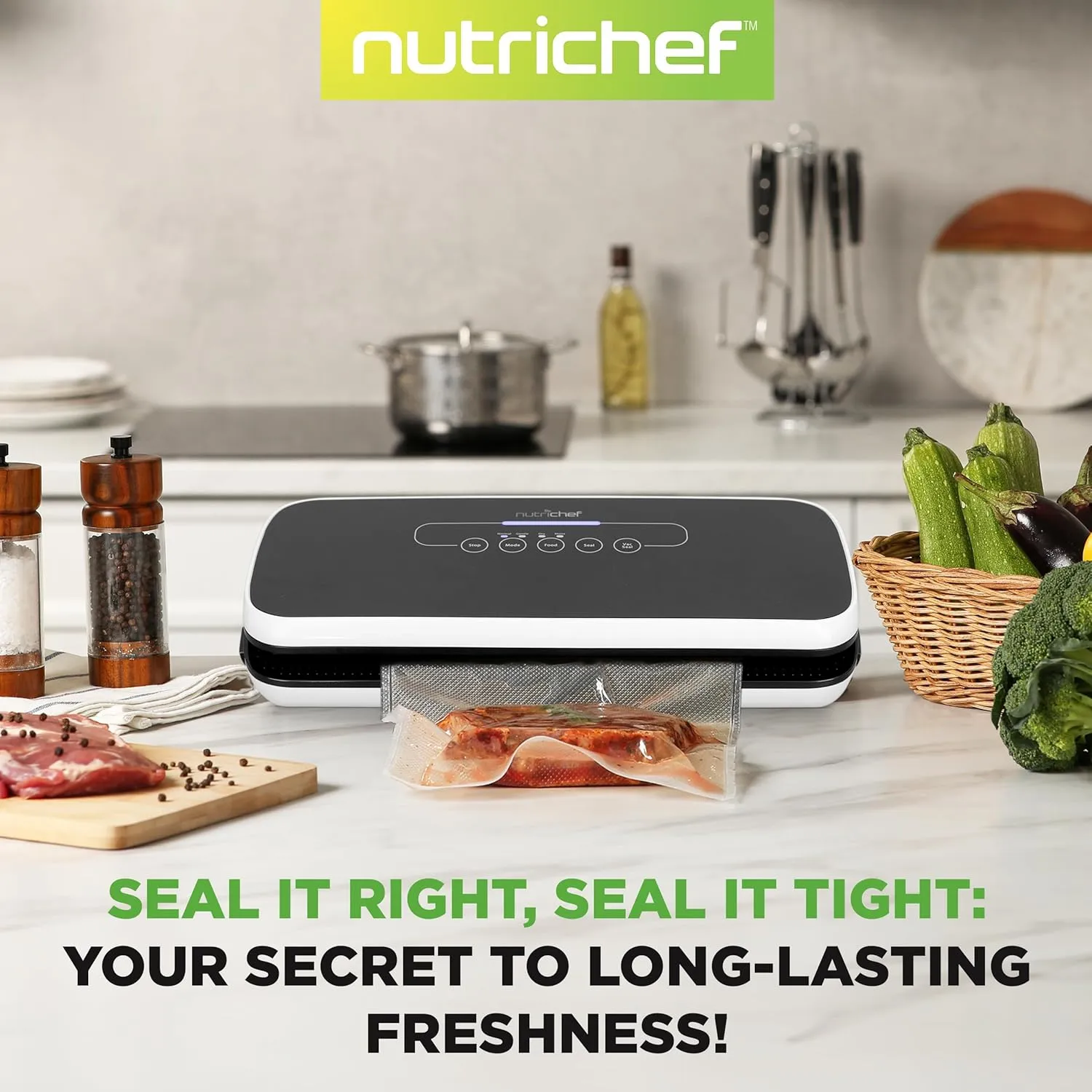 NutriChef Food Vacuum Sealer Machine - Automatic Air Sealing System for Dry & Moist Foods, LED Touch Controls, Includes Vacuum Bags, Hose & Wine Stopper, High Suction Power, 14"x6"x3", Black