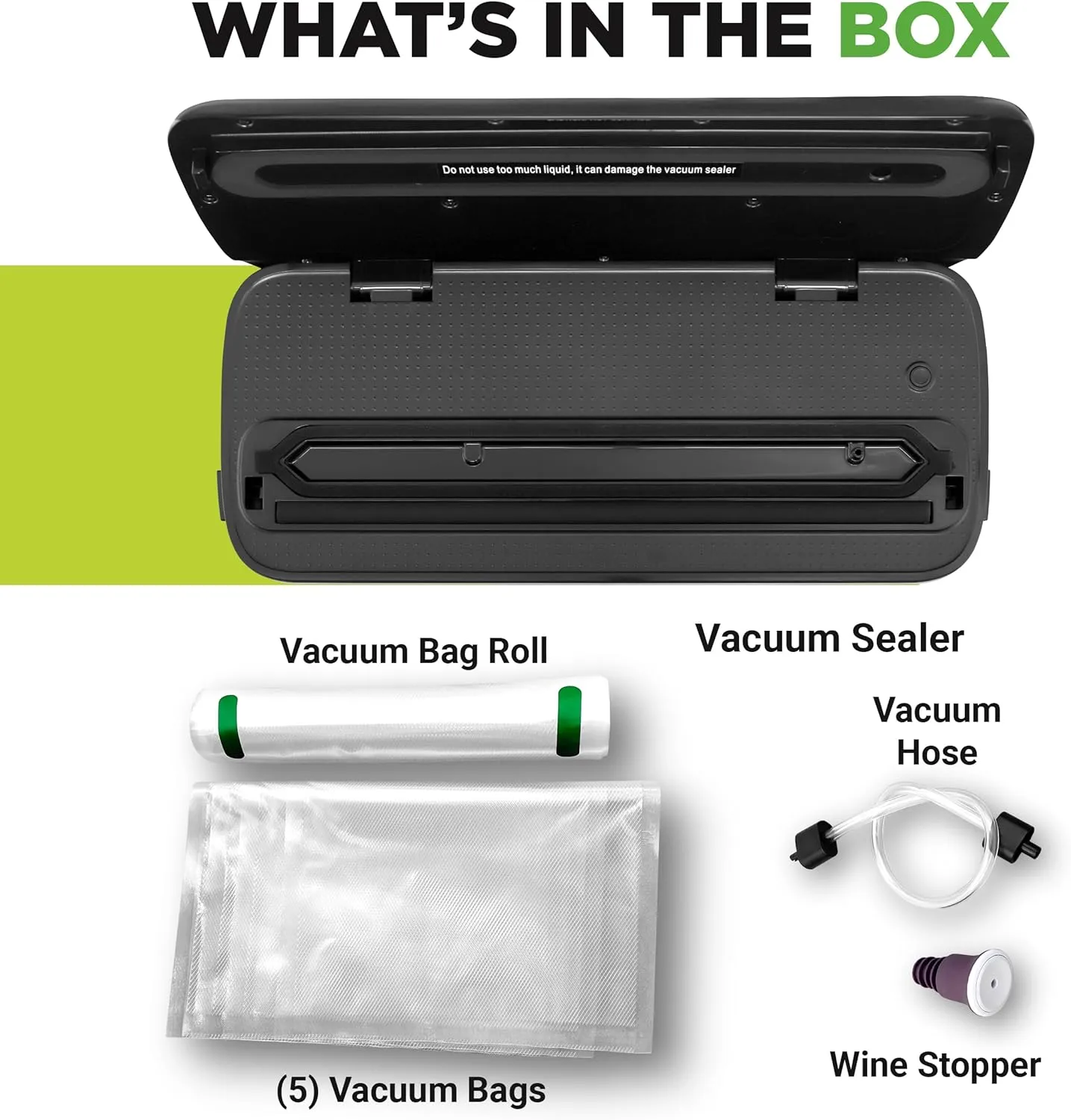 NutriChef Food Vacuum Sealer Machine - Automatic Air Sealing System for Dry & Moist Foods, LED Touch Controls, Includes Vacuum Bags, Hose & Wine Stopper, High Suction Power, 14"x6"x3", Black