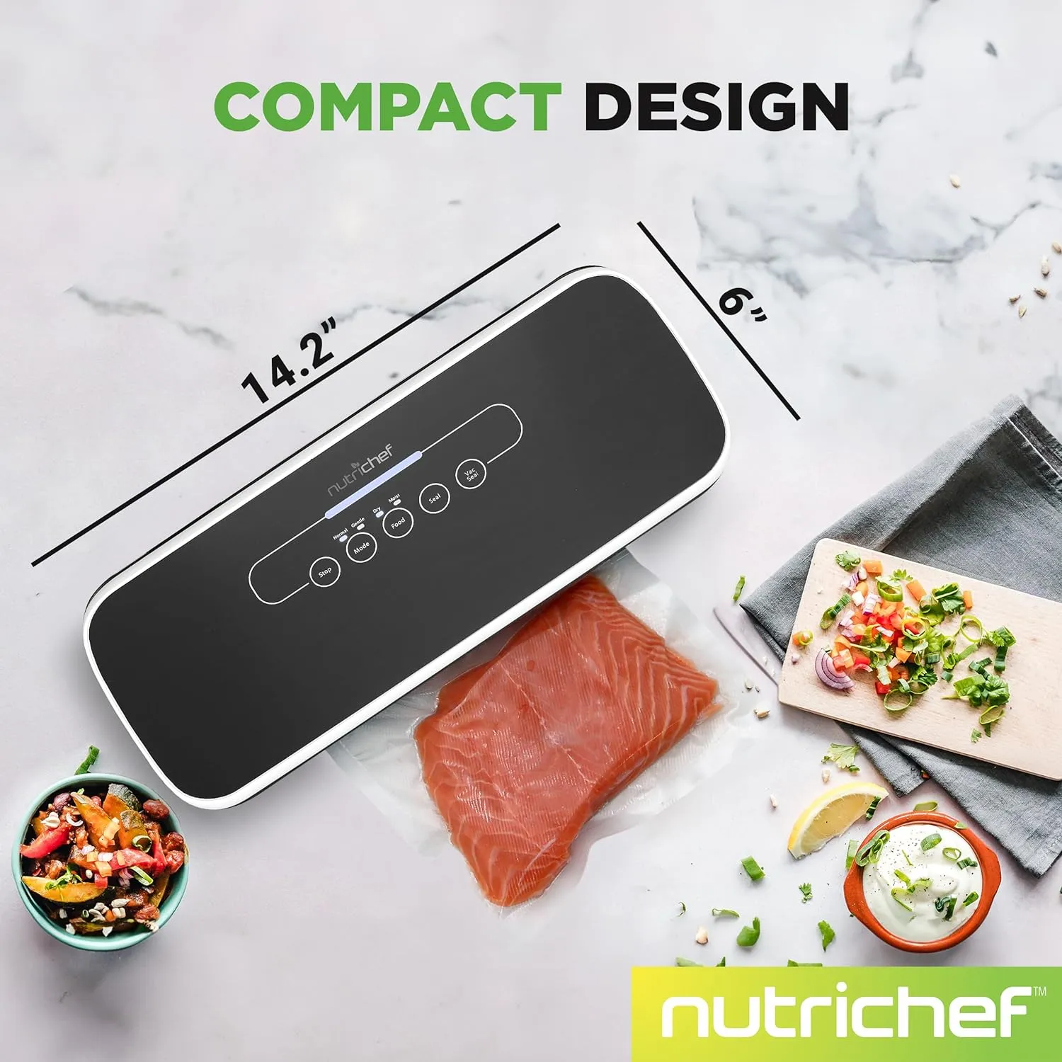 NutriChef Food Vacuum Sealer Machine - Automatic Air Sealing System for Dry & Moist Foods, LED Touch Controls, Includes Vacuum Bags, Hose & Wine Stopper, High Suction Power, 14"x6"x3", Black