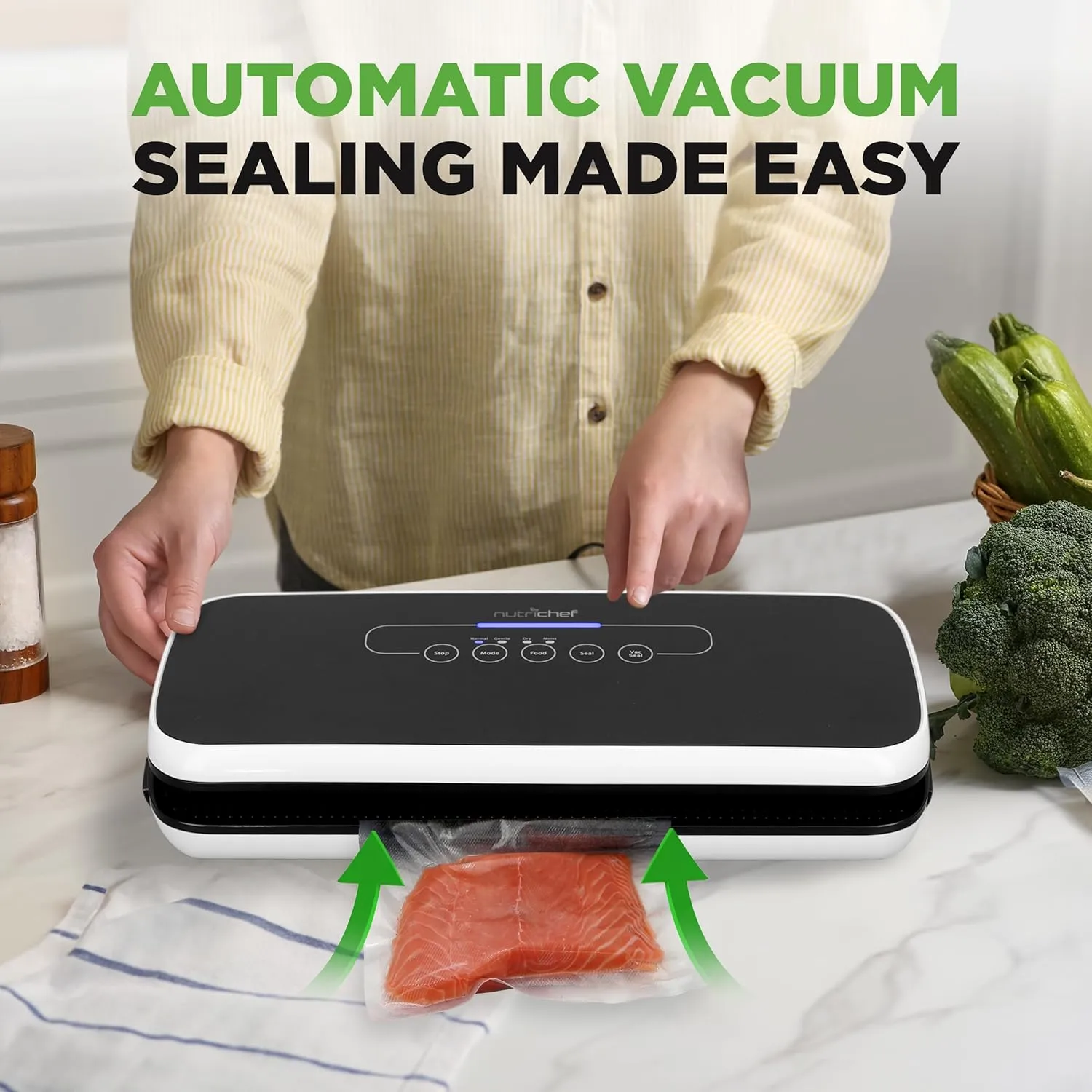 NutriChef Food Vacuum Sealer Machine - Automatic Air Sealing System for Dry & Moist Foods, LED Touch Controls, Includes Vacuum Bags, Hose & Wine Stopper, High Suction Power, 14"x6"x3", Black
