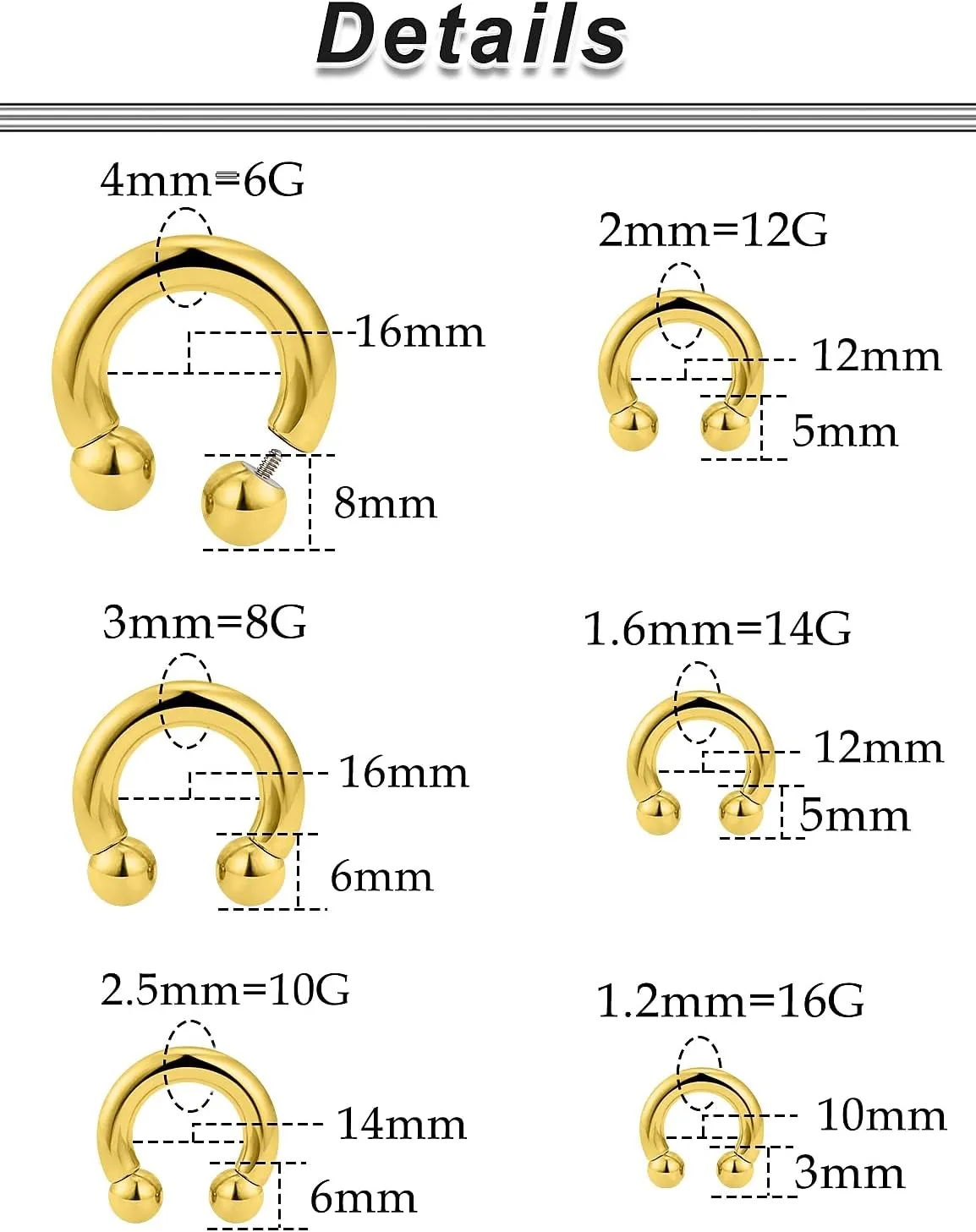 Ocptiy 6G 8G 12G 14G 16G Septum Ear Earrings Gauges Stretching Piercing Kit 316L Surgical Steel Internally Threaded Pierced Body Jewelry for Women 10mm 12mm 14mm 16mm