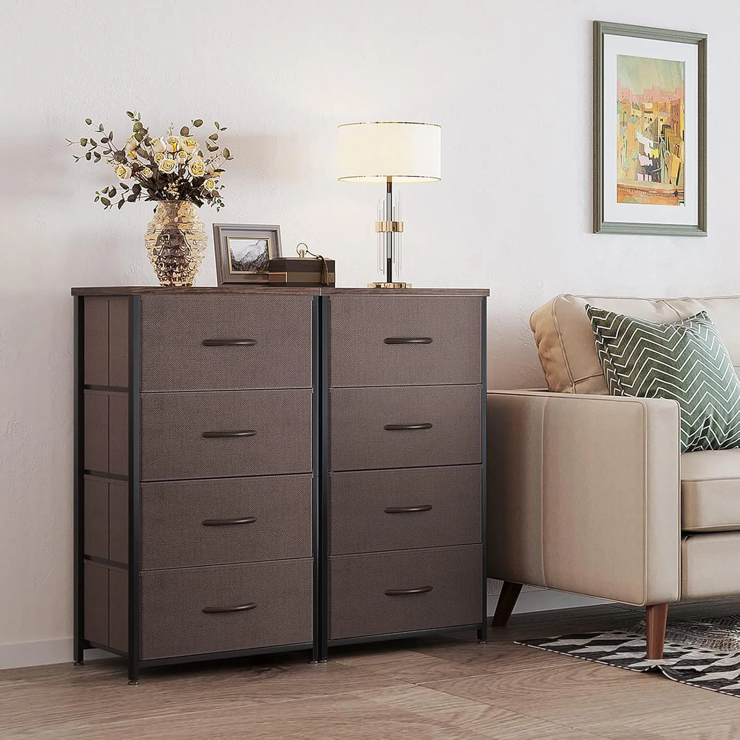 ODK Dresser for Bedroom with 4 Storage Drawers, Small Dresser Chest of Fabric Drawers with Sturdy Steel Frame, Wood Top, Brown