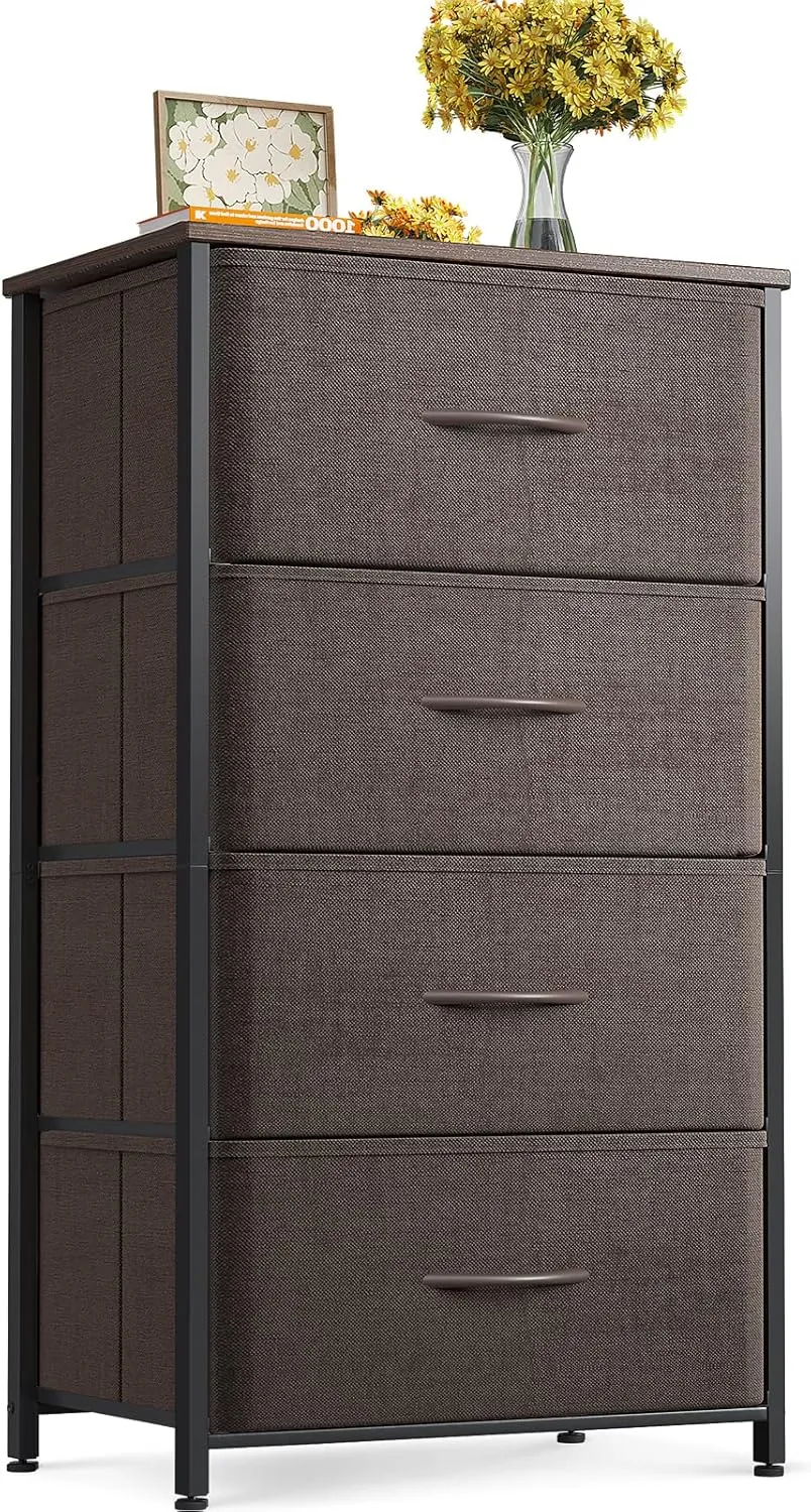 ODK Dresser for Bedroom with 4 Storage Drawers, Small Dresser Chest of Fabric Drawers with Sturdy Steel Frame, Wood Top, Brown