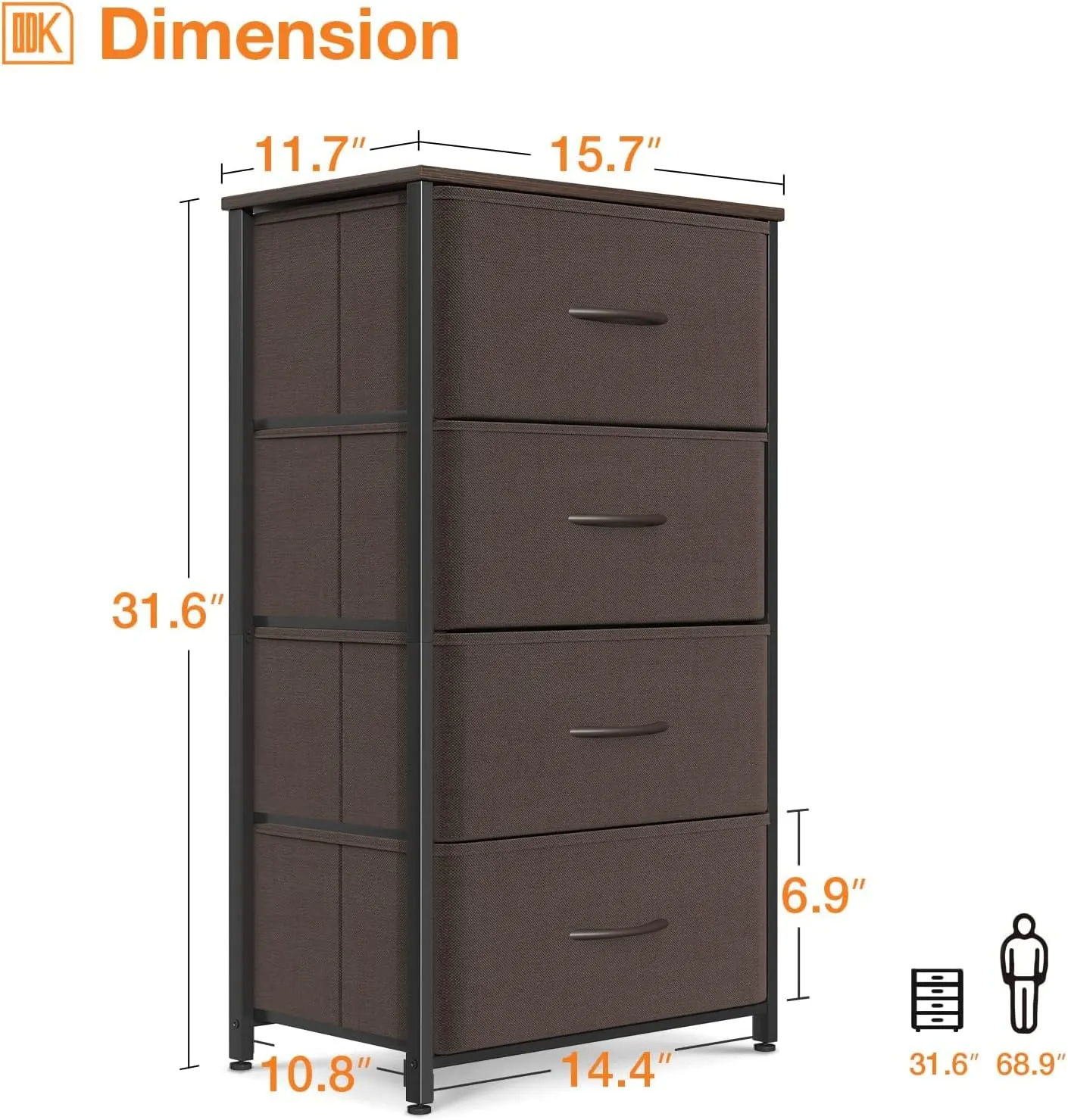 ODK Dresser for Bedroom with 4 Storage Drawers, Small Dresser Chest of Fabric Drawers with Sturdy Steel Frame, Wood Top, Brown