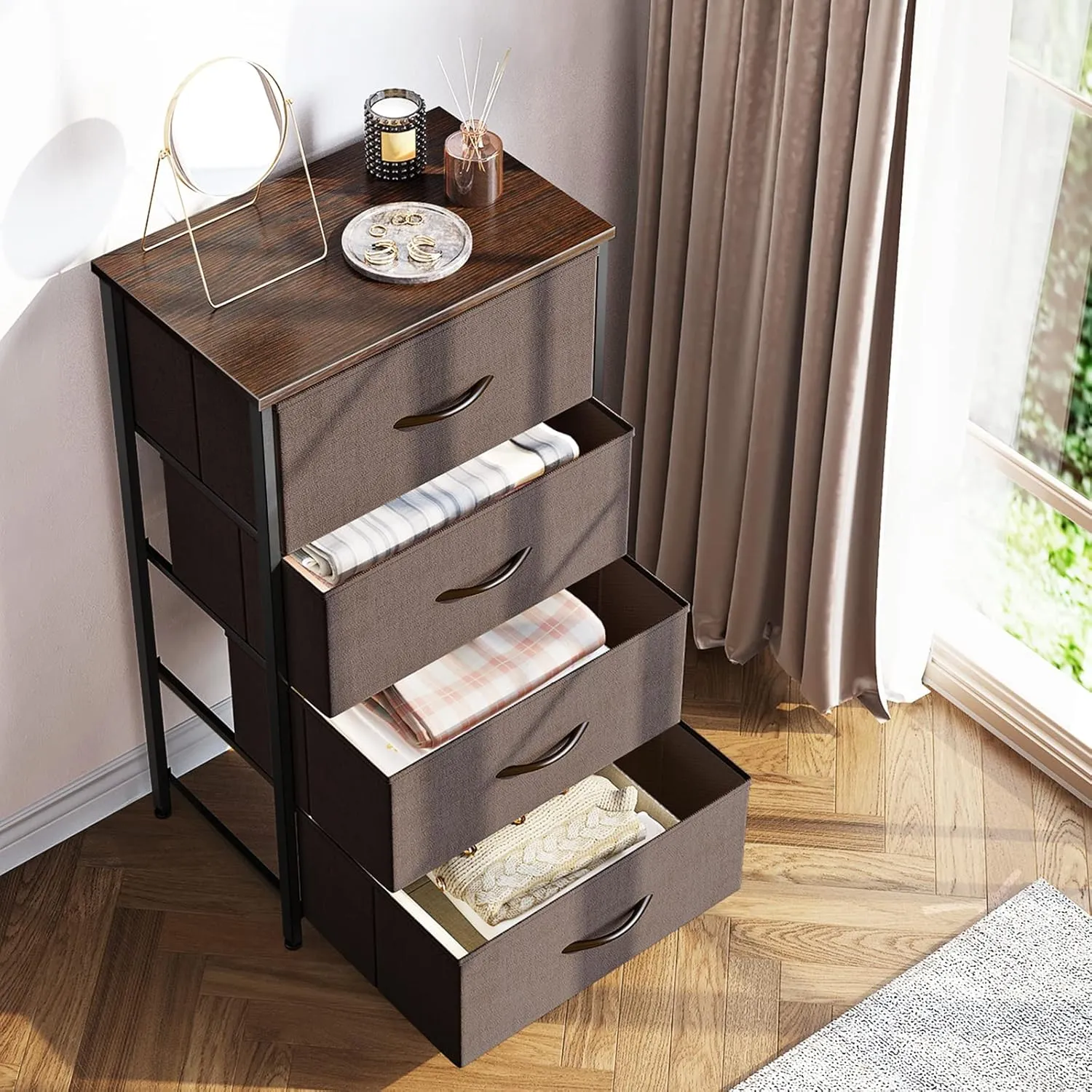 ODK Dresser for Bedroom with 4 Storage Drawers, Small Dresser Chest of Fabric Drawers with Sturdy Steel Frame, Wood Top, Brown