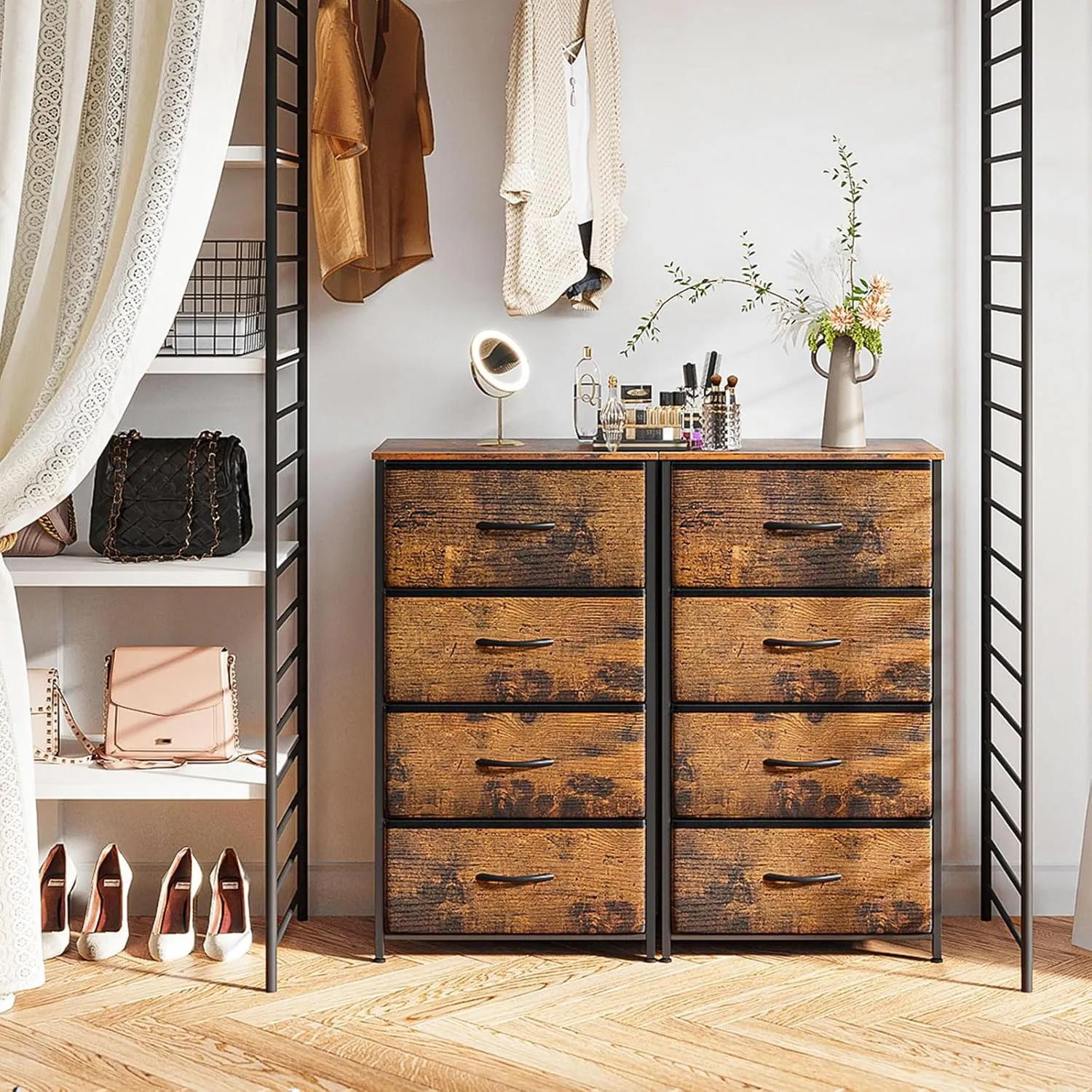 ODK Dresser for Bedroom with 4 Storage Drawers, Small Dresser Chest of Fabric Drawers with Sturdy Steel Frame, Wood Top, Vintage
