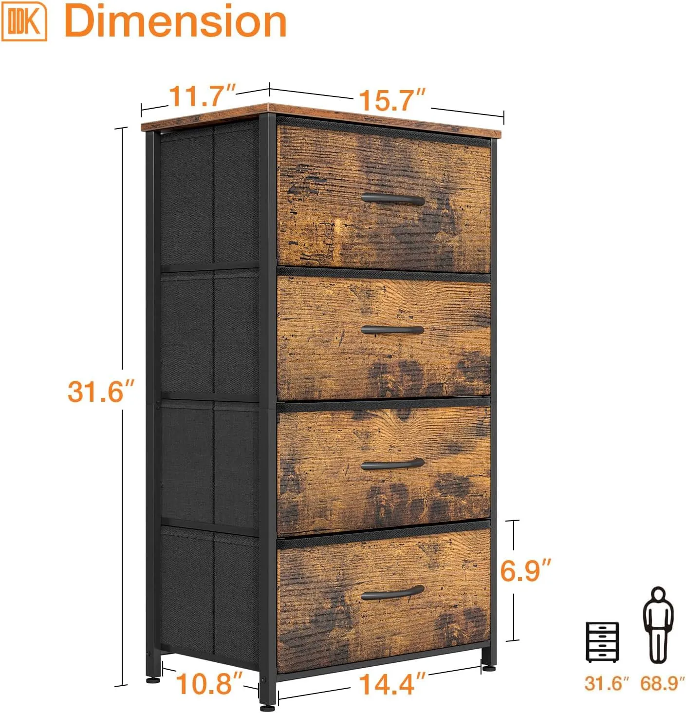 ODK Dresser for Bedroom with 4 Storage Drawers, Small Dresser Chest of Fabric Drawers with Sturdy Steel Frame, Wood Top, Vintage