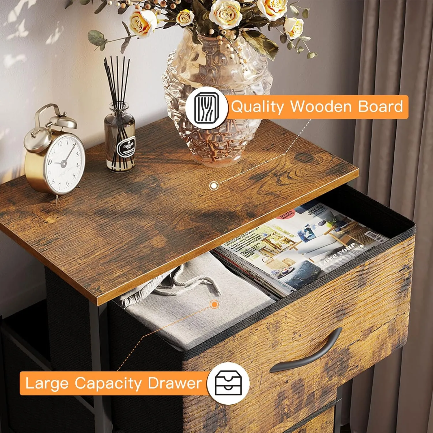 ODK Dresser for Bedroom with 4 Storage Drawers, Small Dresser Chest of Fabric Drawers with Sturdy Steel Frame, Wood Top, Vintage