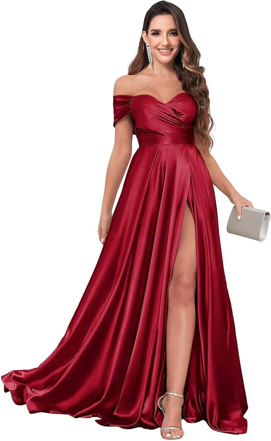 Off The Shoulder Bridesmaid Dresses for Women Long Pleated Satin Formal Dresses Evening Gown
