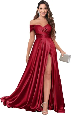 Off The Shoulder Bridesmaid Dresses for Women Long Pleated Satin Formal Dresses Evening Gown
