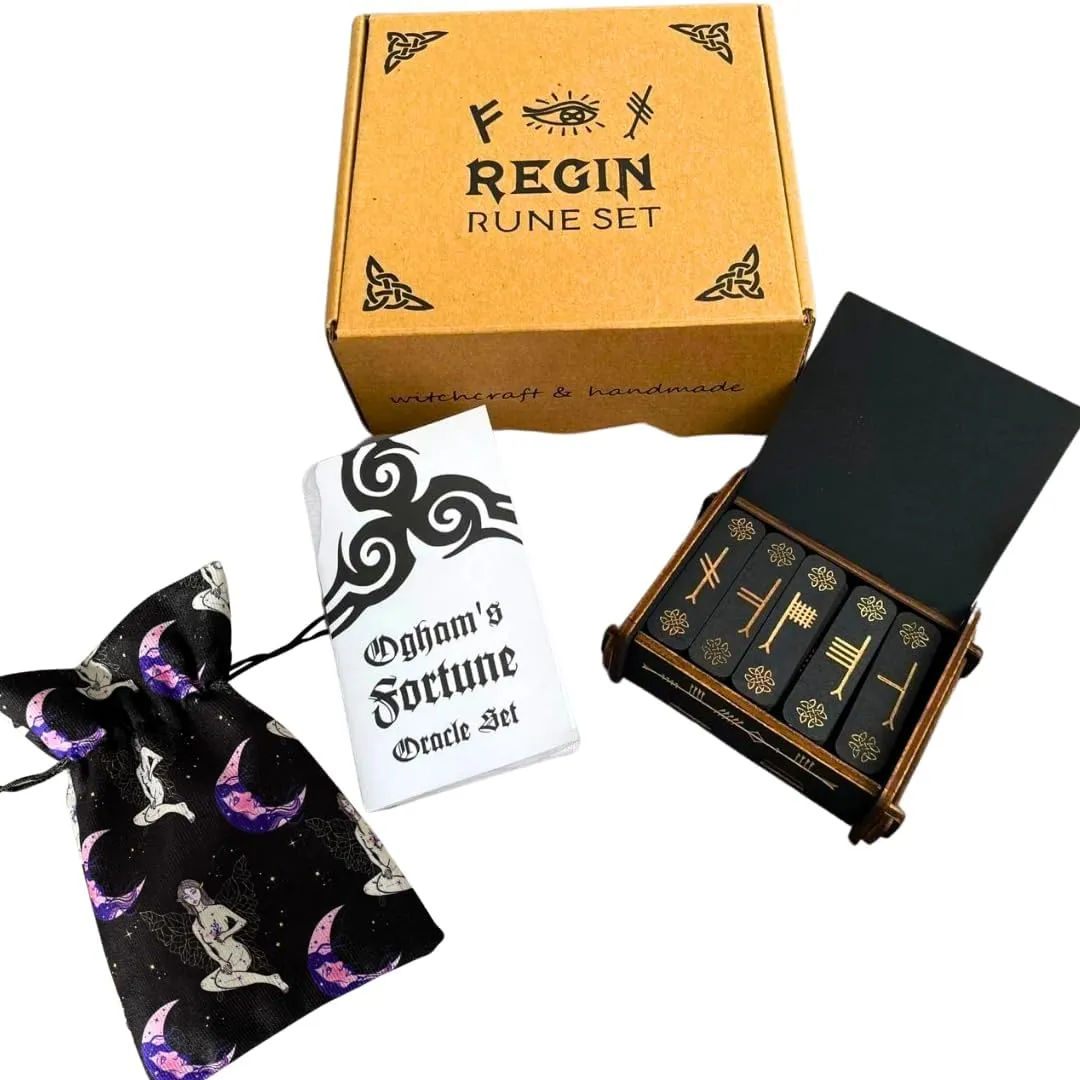 Ogham's Fortune Wood Rune Set Random Pouch Ogham Runes Celtic Altar Tool Divination Rune Set Celtic Tree Alphabet Guide Book