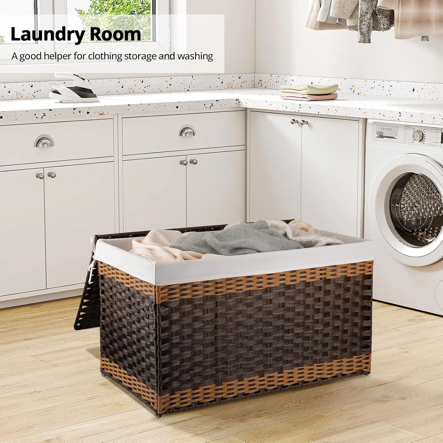 OIAHOMY Storage Basket with Lid, 42.3 Gallon (160L) Blanket Basket with Removable Liner Bag, Synthetic Wicker Hamper with Handle, Foldable, Hamper for Living Room, Brown