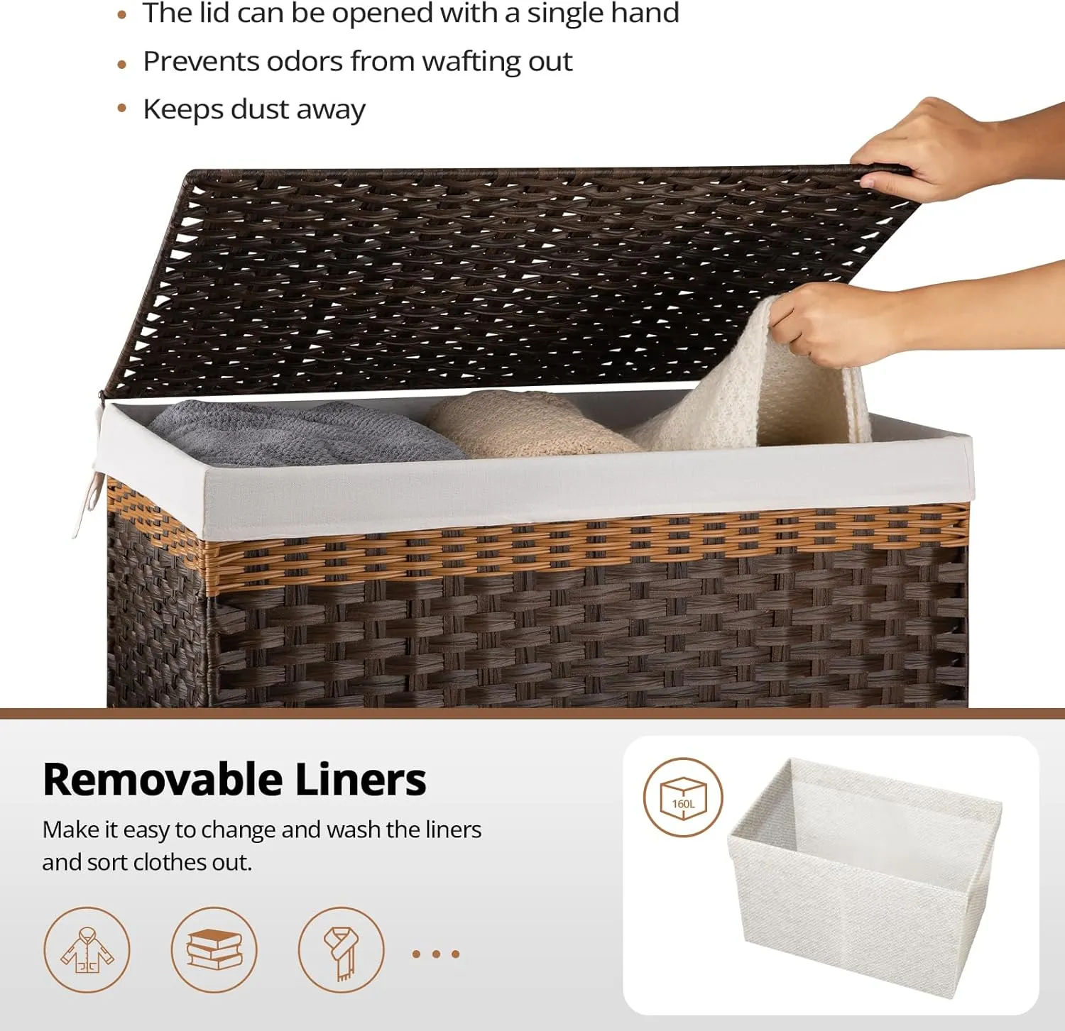 OIAHOMY Storage Basket with Lid, 42.3 Gallon (160L) Blanket Basket with Removable Liner Bag, Synthetic Wicker Hamper with Handle, Foldable, Hamper for Living Room, Brown
