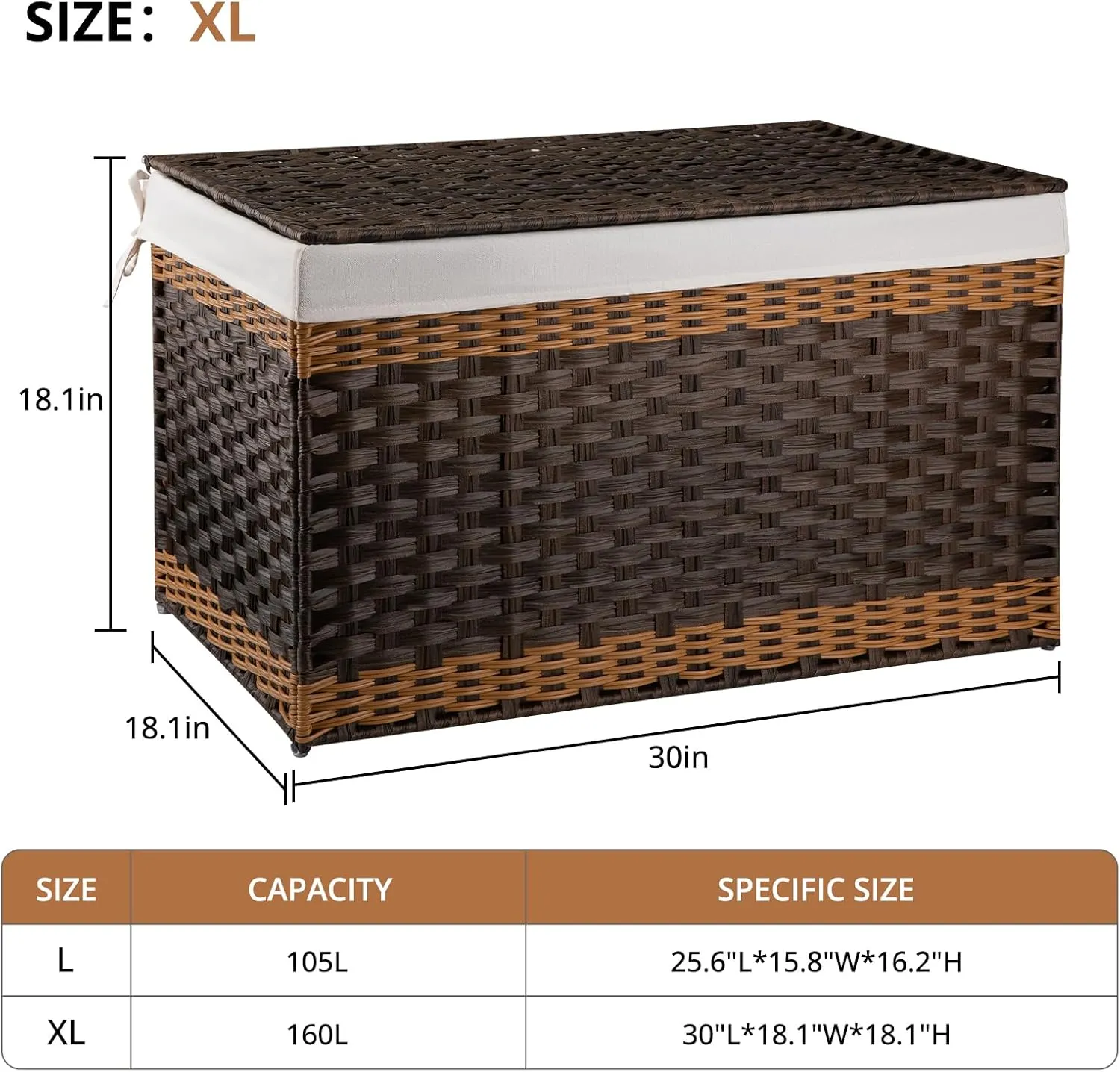 OIAHOMY Storage Basket with Lid, 42.3 Gallon (160L) Blanket Basket with Removable Liner Bag, Synthetic Wicker Hamper with Handle, Foldable, Hamper for Living Room, Brown