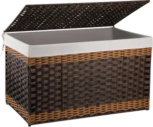 OIAHOMY Storage Basket with Lid, 42.3 Gallon (160L) Blanket Basket with Removable Liner Bag, Synthetic Wicker Hamper with Handle, Foldable, Hamper for Living Room, Brown