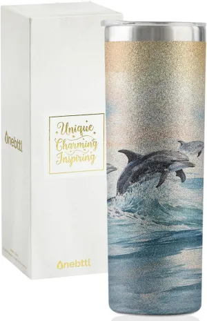 Onebttl Dolphin Gifts for Women, 20oz Stainless Steel Tumbler with Lid and Straw - Glitter Sunset Dolphin