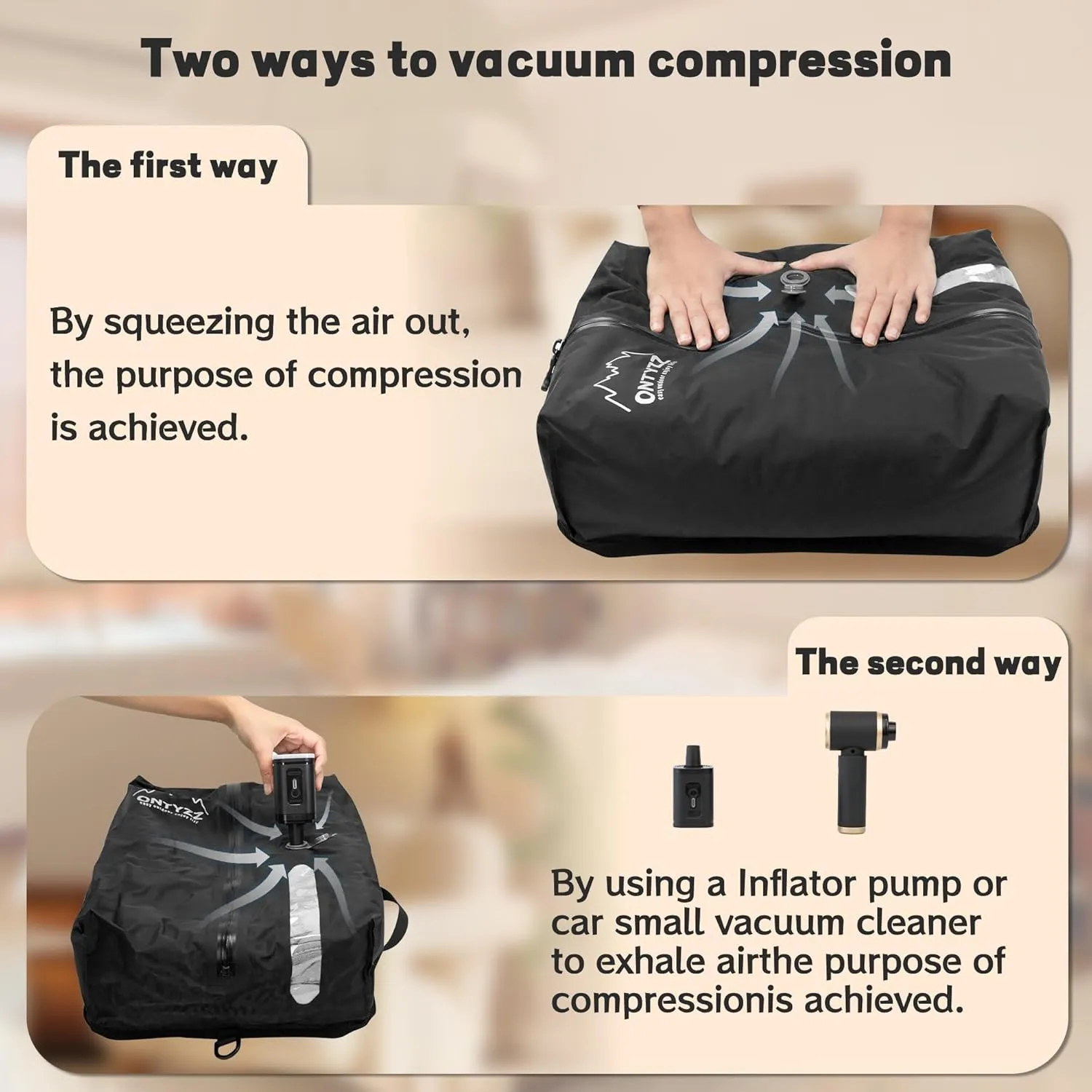 ONTYZZ Two Pack Dark Black Travel Vacuum Compression Bags Reusable Compression Bag with IP67 Waterproof Zipper Space Saver Vacuum Bags for Suitcase