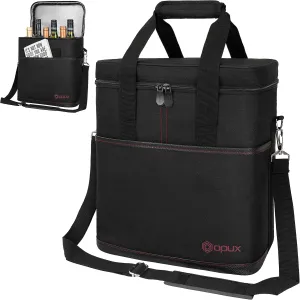 opux 6 Bottle Carrier Tote | Insulated Padded Wine Cooler Bag for Travel. Picnic, BYOB | Portable Leakproof Wine Tote Bag for Dinner, Party, Christmas, Wine Gift for Women, Men (Black)