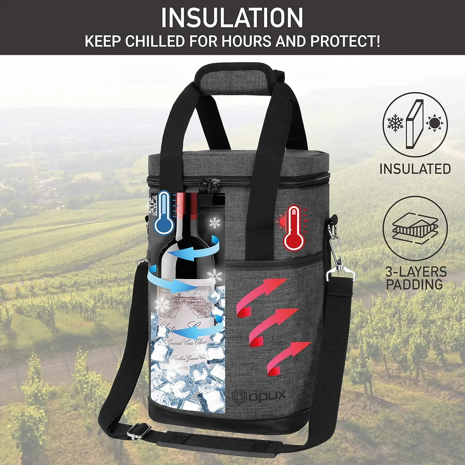 Opux Insulated Wine Tote, 4 Bottle Cooler Bag - Leakproof, Padded Portable Carrier for Travel, Picnic, BYOB - Gift for Wine Lovers (Charcoal Gray)