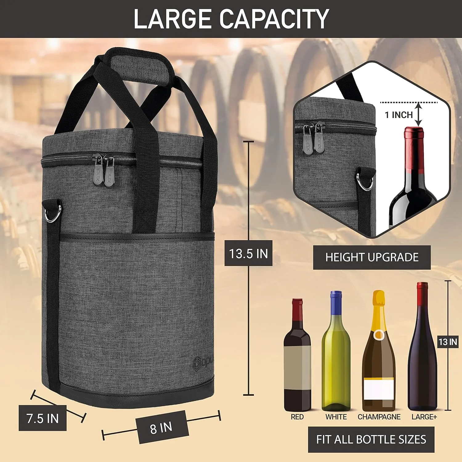Opux Insulated Wine Tote, 4 Bottle Cooler Bag - Leakproof, Padded Portable Carrier for Travel, Picnic, BYOB - Gift for Wine Lovers (Charcoal Gray)