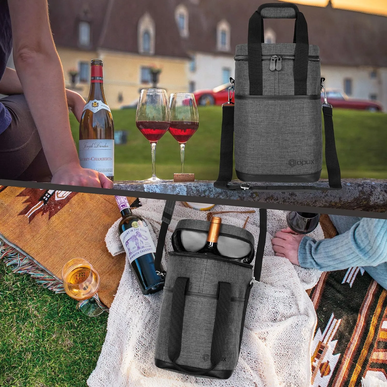 Opux Insulated Wine Tote, 4 Bottle Cooler Bag - Leakproof, Padded Portable Carrier for Travel, Picnic, BYOB - Gift for Wine Lovers (Charcoal Gray)
