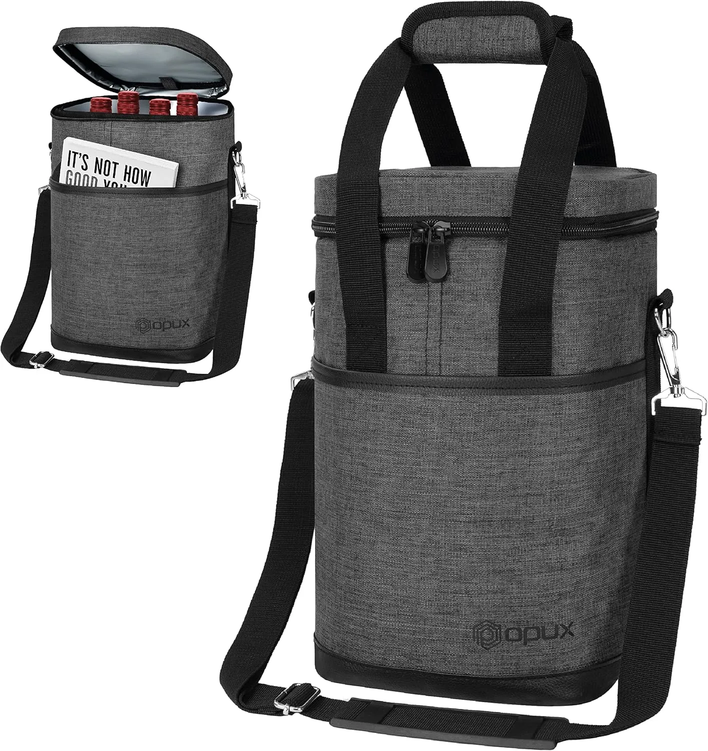 Opux Insulated Wine Tote, 4 Bottle Cooler Bag - Leakproof, Padded Portable Carrier for Travel, Picnic, BYOB - Gift for Wine Lovers (Charcoal Gray)