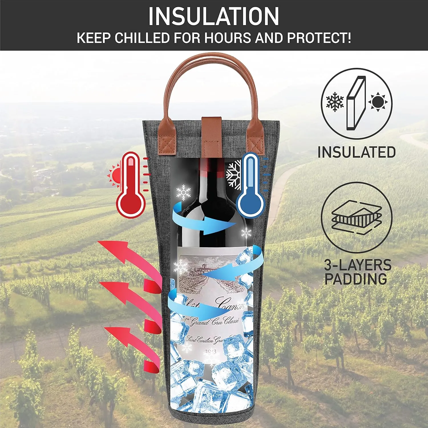 opux Wine Bag Single Bottle Carrier Tote, Insulated Travel Wine Cooler Bag for Picnic Beach Gift, Thermal Padded Portable One Bottle Holder Carrying Case for Women Men Wine Lovers, Charcoal Gray