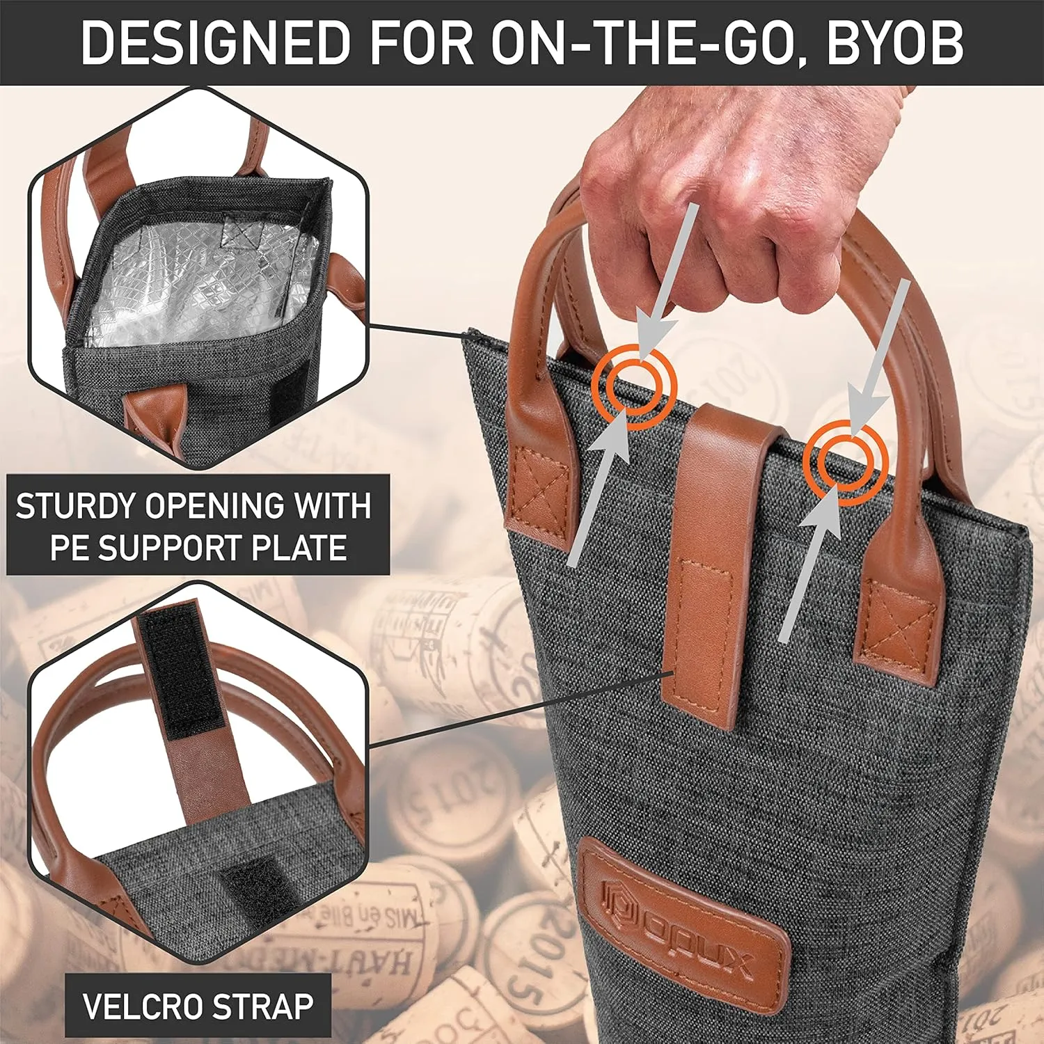 opux Wine Bag Single Bottle Carrier Tote, Insulated Travel Wine Cooler Bag for Picnic Beach Gift, Thermal Padded Portable One Bottle Holder Carrying Case for Women Men Wine Lovers, Charcoal Gray